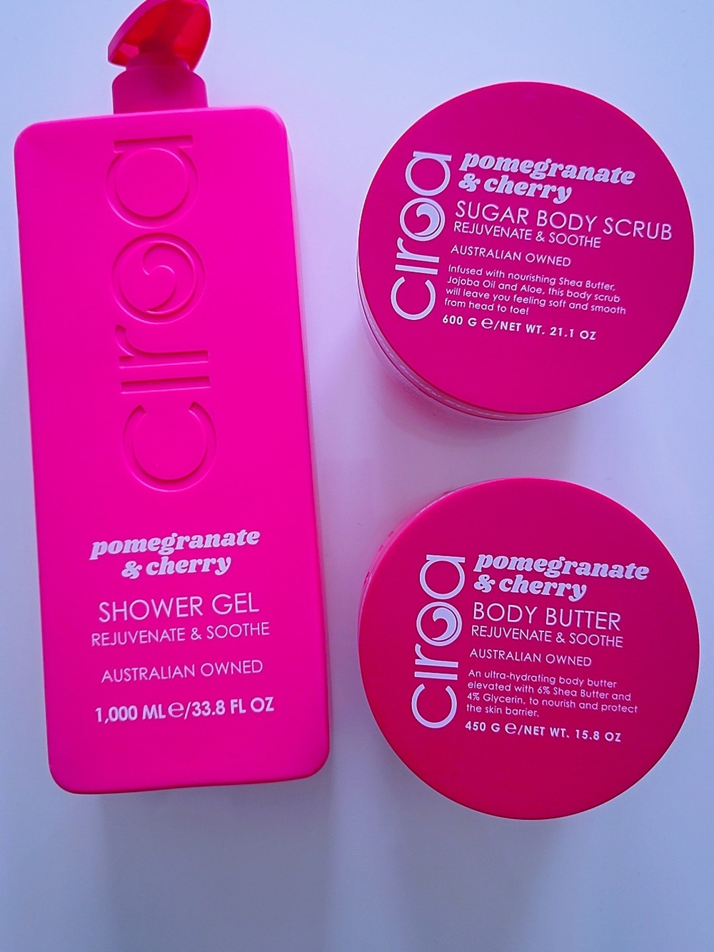 CIROA Pomegranate & Cherry Shower Gel Body Butter Scrub Set Pink NWT